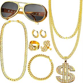 Hip Hop Costume Kit, 8PCS 80s 90s Accessories Outfit for Men Old School Rapper Sunglasses Faux Gold Rope Chain Bracelet Dollar Sign Chain Ring Halloween Party Decorations