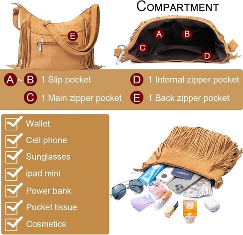 Sunwel Fashion Women هامش Hobo Bag Western محفظة كتف حقيبة نباتية من جلد الغزال شرابة الهبي حقيبة كروسبودي in Kuwait