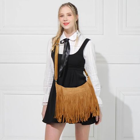 Sunwel Fashion Women هامش Hobo Bag Western محفظة كتف حقيبة نباتية من جلد الغزال شرابة الهبي حقيبة كروسبودي in Kuwait