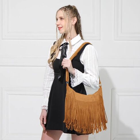 Sunwel Fashion Women هامش Hobo Bag Western محفظة كتف حقيبة نباتية من جلد الغزال شرابة الهبي حقيبة كروسبودي in Kuwait
