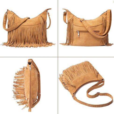 Sunwel Fashion Women هامش Hobo Bag Western محفظة كتف حقيبة نباتية من جلد الغزال شرابة الهبي حقيبة كروسبودي in Kuwait