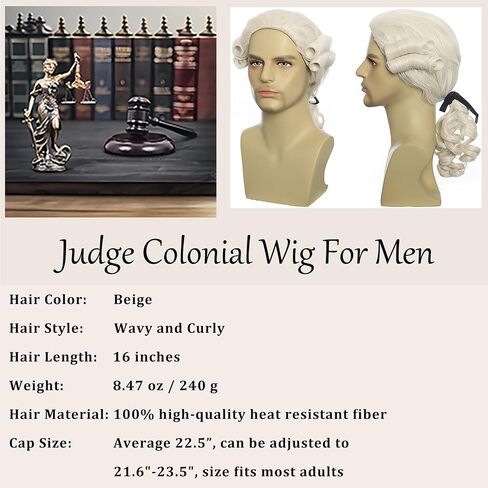 Elaine Men Judge Colonial Wigs 16 Inch Wavy Medium Length Wig Curly Washington Halloween Costume Cosplay Wig (White) in Saudi Arabia