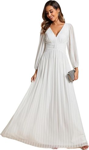 فساتين سهرة نسائية Ever-Pretty برقبة على شكل V وخصر مرتفع وأكمام طويلة وطول يصل إلى الأرض 01961 in Kuwait