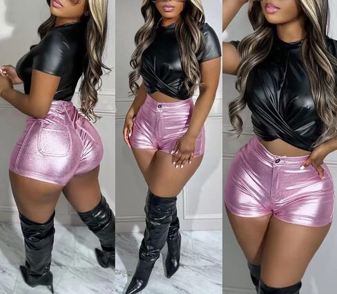 LKOUS Women's Faux Leather Shorts, Casual High Waisted Stretch PU Short Pants in Saudi Arabia