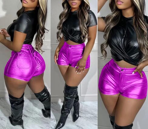 LKOUS Women's Faux Leather Shorts, Casual High Waisted Stretch PU Short Pants in Saudi Arabia