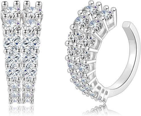 CERSLIMO Ear Cuffs Non Piercing Earrings for Women, 14K Gold Plated Three Rows Cubic Zirconia Faux Diamond Ear Cuff Silver Clip On Cartilage Huggie Hoop Earrings in Saudi Arabia