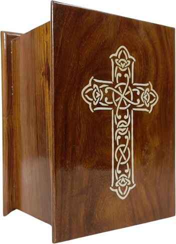 wooden Urn for Human Ashes-Black & White Shaded Cross Engraved-Wooden Urns HandCrafted Funeral Cremation Urn for Ashes Rosewood Decorative urn-keepsake Cremation urn Box (8'' x 6'' x4.5'') in Kuwait