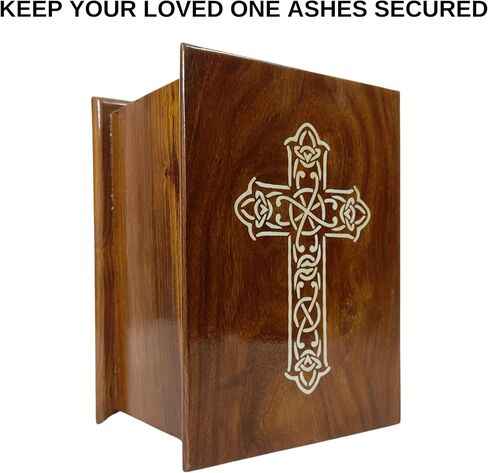 wooden Urn for Human Ashes-Black & White Shaded Cross Engraved-Wooden Urns HandCrafted Funeral Cremation Urn for Ashes Rosewood Decorative urn-keepsake Cremation urn Box (8'' x 6'' x4.5'') in Kuwait