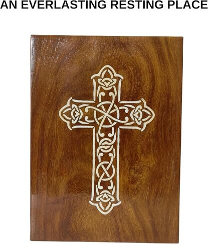 wooden Urn for Human Ashes-Black & White Shaded Cross Engraved-Wooden Urns HandCrafted Funeral Cremation Urn for Ashes Rosewood Decorative urn-keepsake Cremation urn Box (8'' x 6'' x4.5'') in Kuwait