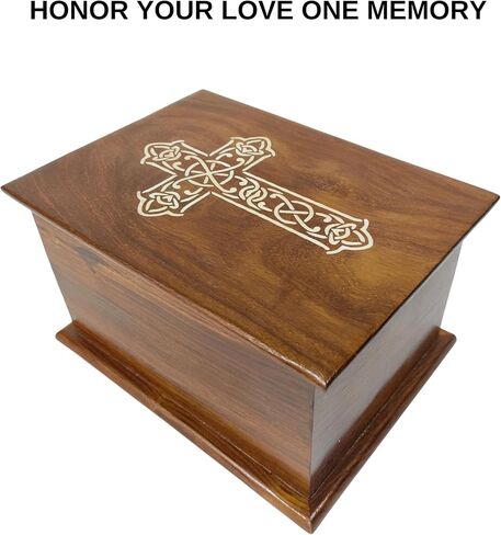 wooden Urn for Human Ashes-Black & White Shaded Cross Engraved-Wooden Urns HandCrafted Funeral Cremation Urn for Ashes Rosewood Decorative urn-keepsake Cremation urn Box (8'' x 6'' x4.5'') in Kuwait