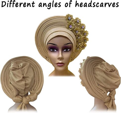 Handmade Nigerian Gele Headties Floral Hats Women Head Wrap Beaded Lace Hand Made African Headtie Hats for Party in Saudi Arabia