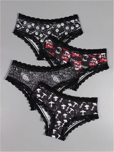 WDIRARA Women's 4 Pieces Gothic Lace Hipster Panties Set Low Rise Halloween Skull Underwear in Saudi Arabia