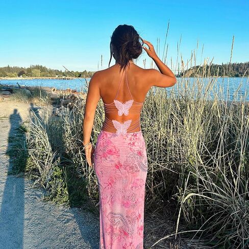 Women's Fairy Butterfly Maxi Dress Sexy Sleeveless Backless Long Dress Bandage String Bodycon Beach Club Party Dress in Kuwait