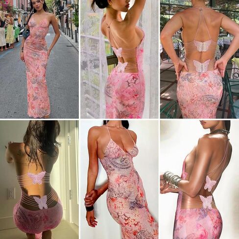 Women's Fairy Butterfly Maxi Dress Sexy Sleeveless Backless Long Dress Bandage String Bodycon Beach Club Party Dress in Kuwait
