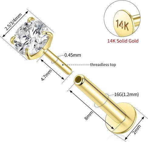 FUNLMO 14K Gold Cartilage Earring Stud Flat Back Labret Stud Yellow Gold Tragus Helix Conch Lobe Medusa Monroe Piercing Jewelry Threadless Push in Nose Stud 16G 8mm in Kuwait