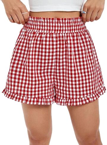 Y2k Womens Ruffle Boxer Shorts Plaid Gingham Print Lounge Pajama Shorts Cute Striped Checkered Pj Bottoms Sleep in Saudi Arabia