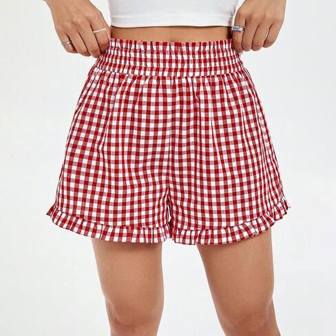 Y2k Womens Ruffle Boxer Shorts Plaid Gingham Print Lounge Pajama Shorts Cute Striped Checkered Pj Bottoms Sleep in Saudi Arabia