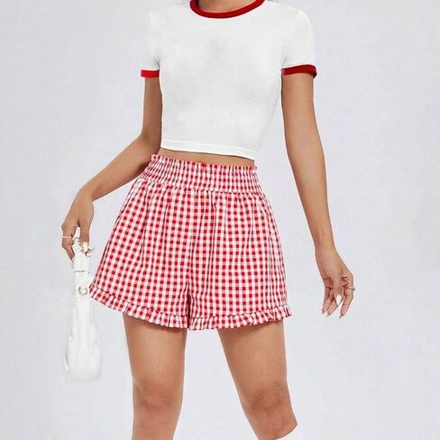 Y2k Womens Ruffle Boxer Shorts Plaid Gingham Print Lounge Pajama Shorts Cute Striped Checkered Pj Bottoms Sleep in Saudi Arabia