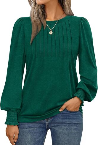 AUTOMET Long Sleeve Shirts Womens Pleated Business Casual Blouses with Smocked Cuffs in Kuwait