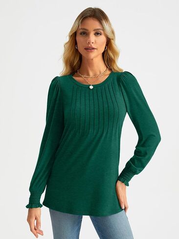 AUTOMET Long Sleeve Shirts Womens Pleated Business Casual Blouses with Smocked Cuffs in Kuwait
