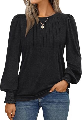 AUTOMET Long Sleeve Shirts Womens Pleated Business Casual Blouses with Smocked Cuffs in Kuwait