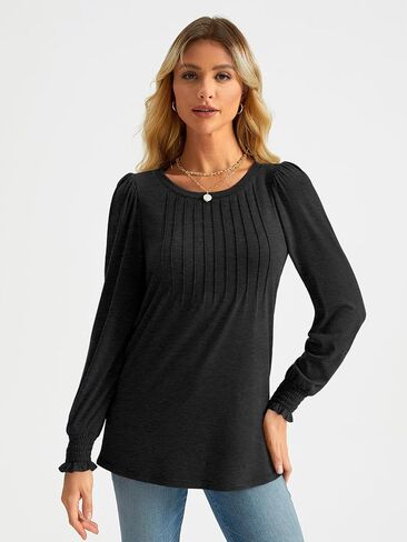 AUTOMET Long Sleeve Shirts Womens Pleated Business Casual Blouses with Smocked Cuffs in Kuwait