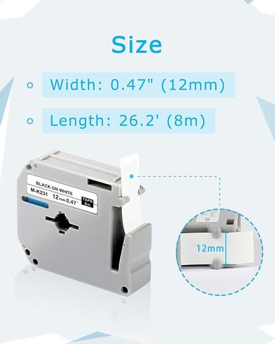 شريط بديل PT-45 PT-65 PT-M95 PT-70BM لـ Brother P-Touch M-K231s M-231 MK231 12 مم 0.47 إعادة التعبئة، لطراز صانع الملصقات PT-55 PT-80 PT-90، أسود على أبيض، 6 -علية in Kuwait
