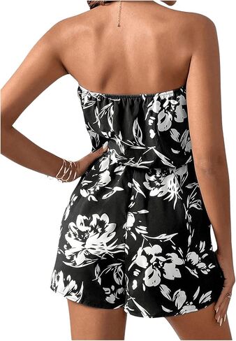 SOLY HUX Women's Floral Print Strapless Sleeveless Tube Romper Summer Short Jumpsuit in Kuwait