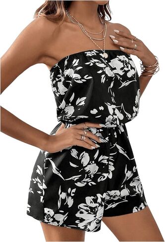 SOLY HUX Women's Floral Print Strapless Sleeveless Tube Romper Summer Short Jumpsuit in Kuwait