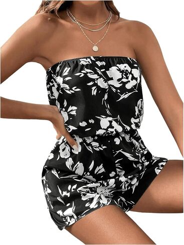 SOLY HUX Women's Floral Print Strapless Sleeveless Tube Romper Summer Short Jumpsuit in Kuwait