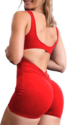 Mokoru One Piece Workout Jumpsuits for Women Backless Tummy Control Bodysuit Shorts Sexy V Back Scrunch Butt Yoga Romper in Saudi Arabia