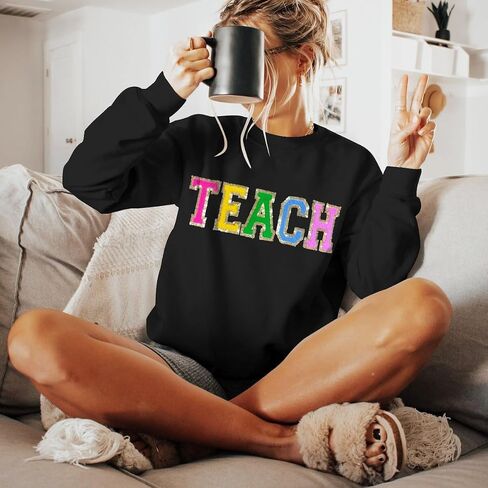 Teacher Sweatshirt Women Teach Glitter Patch Shirt Long Sleeve Pullover Loose Lightweight Blouse Tops in Saudi Arabia