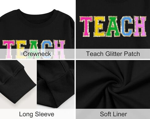 Teacher Sweatshirt Women Teach Glitter Patch Shirt Long Sleeve Pullover Loose Lightweight Blouse Tops in Saudi Arabia