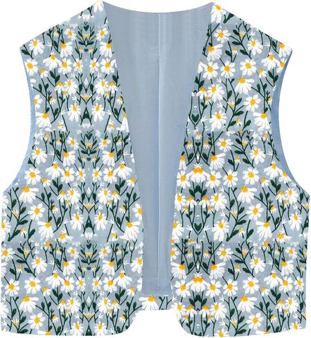 Women's Casual Vintage Daisy Embroiderd V-neckline Open Front Vest Sleeveless Cardigan Waistcoat in Saudi Arabia