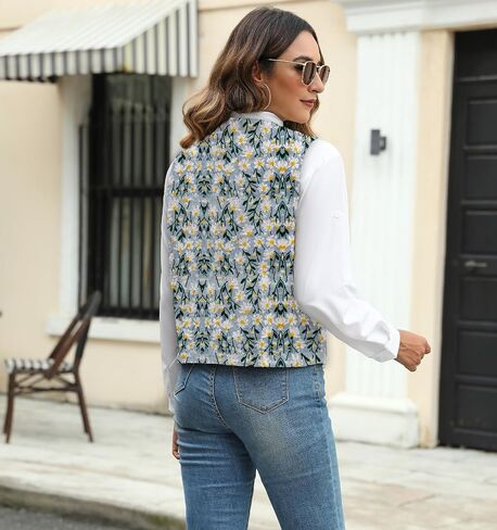 Women's Casual Vintage Daisy Embroiderd V-neckline Open Front Vest Sleeveless Cardigan Waistcoat in Saudi Arabia