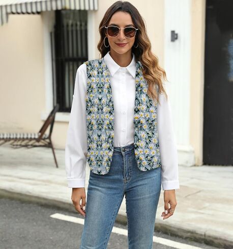 Women's Casual Vintage Daisy Embroiderd V-neckline Open Front Vest Sleeveless Cardigan Waistcoat in Saudi Arabia