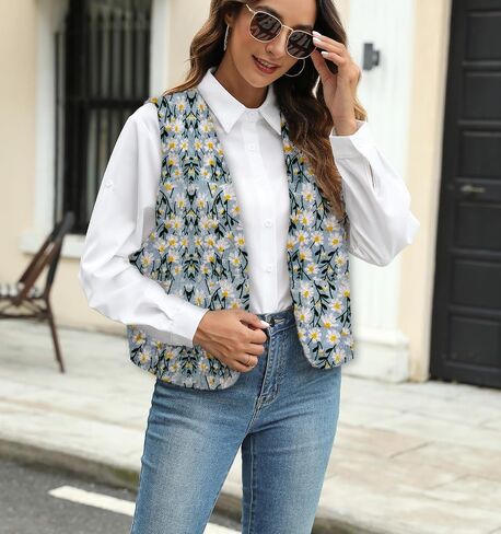 Women's Casual Vintage Daisy Embroiderd V-neckline Open Front Vest Sleeveless Cardigan Waistcoat in Saudi Arabia