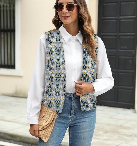 Women's Casual Vintage Daisy Embroiderd V-neckline Open Front Vest Sleeveless Cardigan Waistcoat in Saudi Arabia