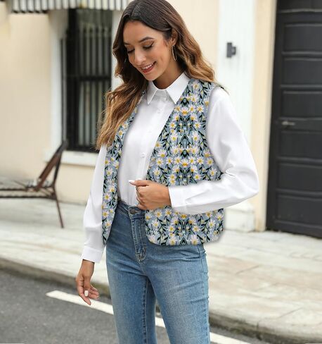 Women's Casual Vintage Daisy Embroiderd V-neckline Open Front Vest Sleeveless Cardigan Waistcoat in Saudi Arabia