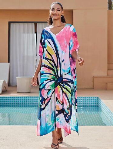 Plus Size Beach Kaftan Dresses for Women Print V-Neck Long Swimsuit Cover Ups in Kuwait