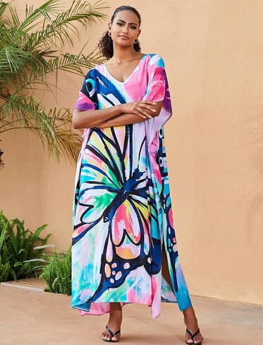 Plus Size Beach Kaftan Dresses for Women Print V-Neck Long Swimsuit Cover Ups in Kuwait