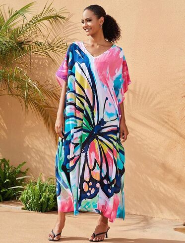 Plus Size Beach Kaftan Dresses for Women Print V-Neck Long Swimsuit Cover Ups in Kuwait