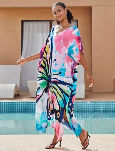 Plus Size Beach Kaftan Dresses for Women Print V-Neck Long Swimsuit Cover Ups in Kuwait