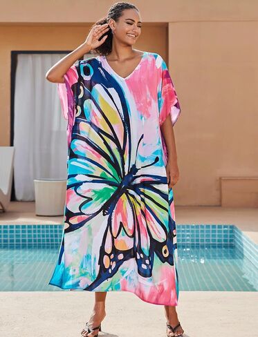 Plus Size Beach Kaftan Dresses for Women Print V-Neck Long Swimsuit Cover Ups in Kuwait