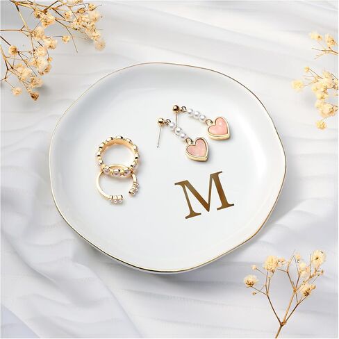 Lolalet Ceramic Jewelry Tray, 4.52" Initials Ring Dish Decorative Trinket Dish for Rings Earrings Necklaces Small Jewelry, Personalized Monogram Jewelry Dish for Engagement Wedding Birthday -M in Saudi Arabia