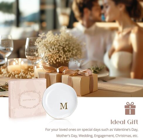 Lolalet Ceramic Jewelry Tray, 4.52" Initials Ring Dish Decorative Trinket Dish for Rings Earrings Necklaces Small Jewelry, Personalized Monogram Jewelry Dish for Engagement Wedding Birthday -M in Saudi Arabia
