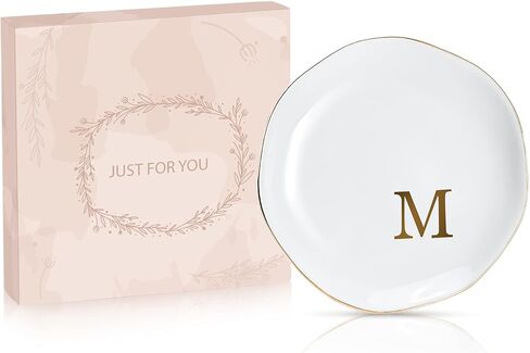 Lolalet Ceramic Jewelry Tray, 4.52" Initials Ring Dish Decorative Trinket Dish for Rings Earrings Necklaces Small Jewelry, Personalized Monogram Jewelry Dish for Engagement Wedding Birthday -M in Saudi Arabia