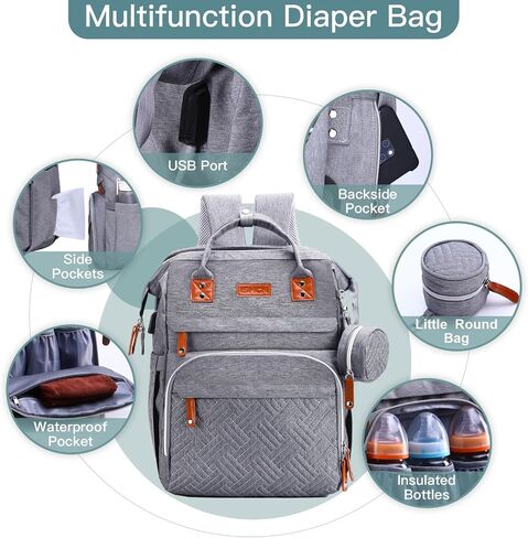 ISMGN Diaper Bag Backpack with Changing Station, Baby Bag for Mom, Grey | Baby Diaper Bag, Large Diaper Bag Backpack, Baby Bags for Boys Girls, Mens Diaper Bag, Diaper Backpack for Women in Kuwait