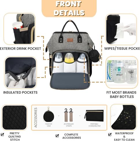 ROSEGIN Diaper Bag Backpack with Changing Pad Pacifier Case, Baby Bag for Boy Girl Toddler - Large,Stylish, Waterproof Travel Quilted Diaper Bag for Mom - Baby Shower Gifts, Black in Saudi Arabia