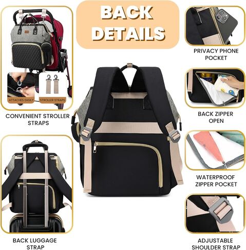 ROSEGIN Diaper Bag Backpack with Changing Pad Pacifier Case, Baby Bag for Boy Girl Toddler - Large,Stylish, Waterproof Travel Quilted Diaper Bag for Mom - Baby Shower Gifts, Black in Saudi Arabia
